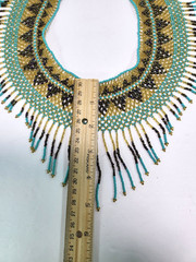 Hand Beaded Collar Bib Necklace Glass Beads Turquoise Blue Golden Browns