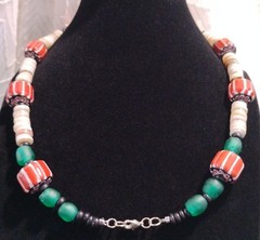 Tribal Copper Red Striped Glass Trade Beaded Natural Wood Necklace