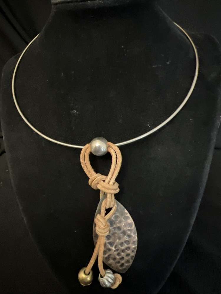 Artisan Hammered Metal Leaf Pendant Wire Collar Necklace Leather Mixed Metal