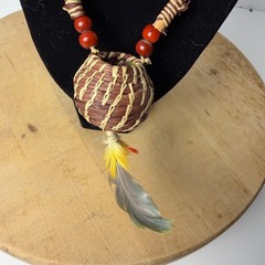 Handwoven Amulet Medicine Basket Necklace Huayruro Seed Indigenous Folk Art 30in