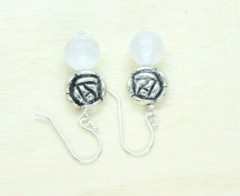 Selenite Earrings White 8mm Ball Gemstone .925 Sterling Silver 1 1/4″ Rose bud