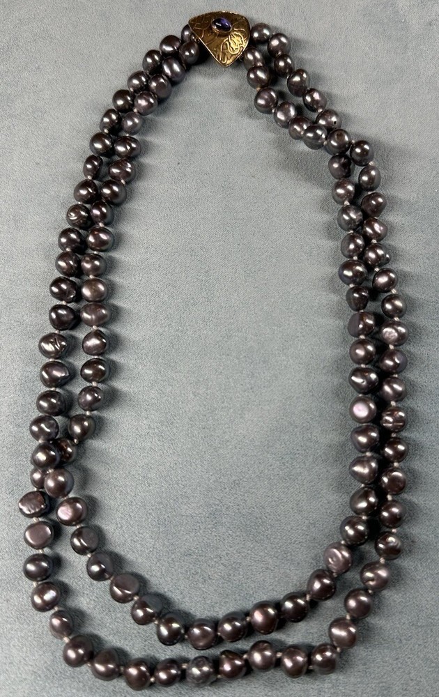 Gray Pearl Double Strand Necklace Sterling Gold Wash Ornate Clasp Amethyst 16”