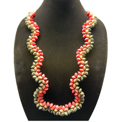VTG Handmade Beaded Necklace Graduated Pink Coral Sage Green Statement 22 in