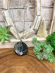 Agate Pendant Necklace: Wire Wrapped Striped Onyx, Silver Wire