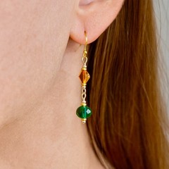 Yellow Diamond Shaped & Faceted Green Crystal Earrings-Plated 925 Sterling Wires