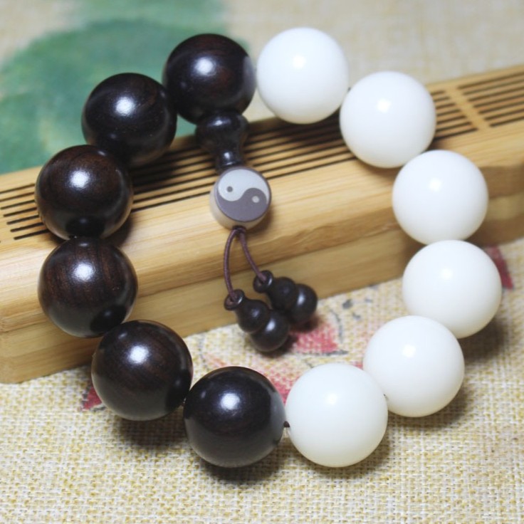 White Jade Bodhi Root and Ebony /12/15/18mm Round Buddhist Prayer Bead Bracelet