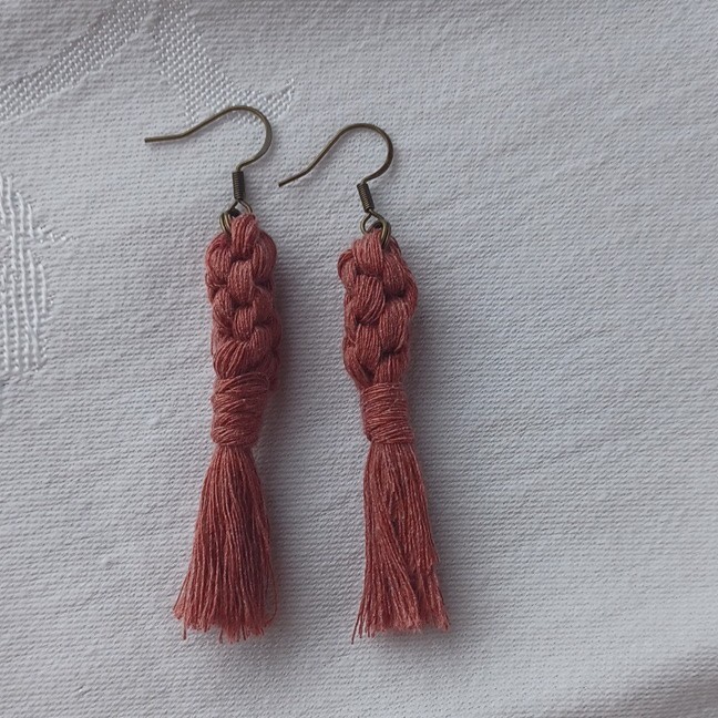 Handcrafted Macrame Tassel Earrings Rose Cotton Brass Hooks 2.5 Inch Bohemian
