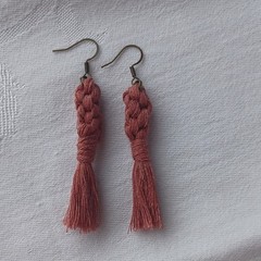Handcrafted Macrame Tassel Earrings Rose Cotton Brass Hooks 2.5 Inch Bohemian
