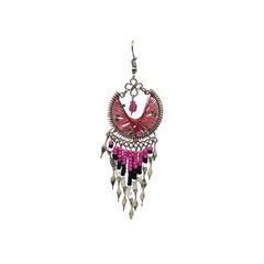 Handmade Large Beaded Thread Moon Shaped Earrings With Long Beaded Dangles