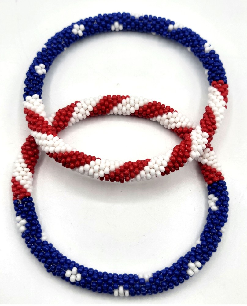 Set of 2 Red, White, and Blue USA Flag Patriotic Colors Crochet Glass Bracelets
