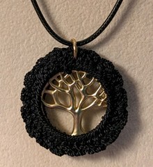 Artisan Tree of Life Pendant Gold With Crocheted Black Border