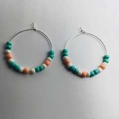 Earrings Hoop Boho Beaded Pastel Pink Teal Blue Pearly White Silver Tone Colors