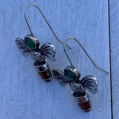 Green And Amber Retro Bohemian Bee & Antique Silver Statement Earrings