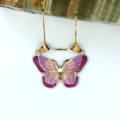 14K Solid Gold Pendant Necklace Chain Hand-Painted Butterfly Purple, Pink