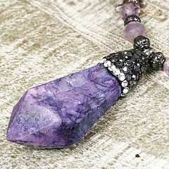 Purple Quartz Crystal with Rhinestone Bail and Faceted Phantom Quartz Beads