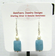 Sterling Silver AQUAMARINE & PEARL Gemstone Dangle Earrings #5453…Handmade USA