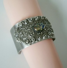 Baroque Silver Cuff Bracelet with Black Opal Stone – Victorian Gothic Jewelry