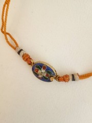Artisan necklace silverplate bells carved wood beads Peking glass enameled clasp