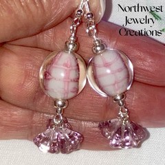Clear Pink White Lampwork Glass Flowers .925 Sterling Dangle Cluster Earrings