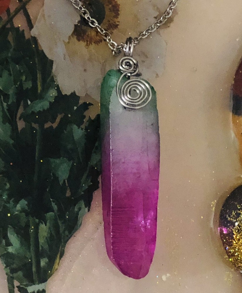 Natural quartz crystal point wire wrapped pendant necklace