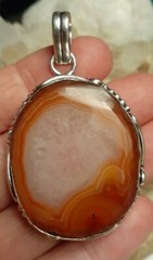 Artisan 925 Silver Orange Banded Agate Quartz Round 2.5 Inch Pendant