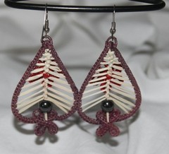 Hand Crafted Threaded Artisan Pierced Dangle Earrings Red Maroon Teardrop Floral