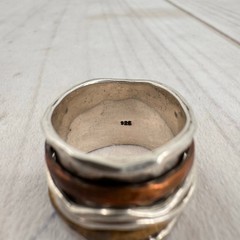 Sterling Silver Stacked Spinner Ring with Brass & Copper Stamped 925 Size 7-8