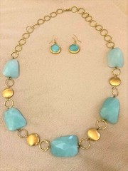 Necklace & Earring Set 14K Gold over 925 Silver Blue Agate Fine Jewelry 28″L New