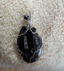 Handcrafted Wire-Wrapped Oval Pendant, Black Stone And Silver Wire. Orthoceras?