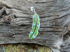 Green Gaspeite & White Opal Sterling Silver 925 Feather Southwestern Pendant U18