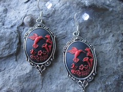 Choose Silver, Gold, Bronze – Hummingbird Cameo Earrings – Handmade, Red, Black