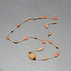 Dainty Orange Stone Necklace Hand Knotted Cord Station Copper tone Metal 17″