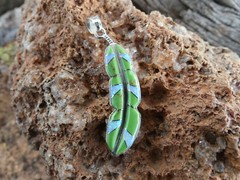 Green Gaspeite & White Opal Sterling Silver 925 Feather Southwestern Pendant U18