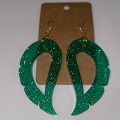Handmade epoxy resin dangle wing earrings – green glitter