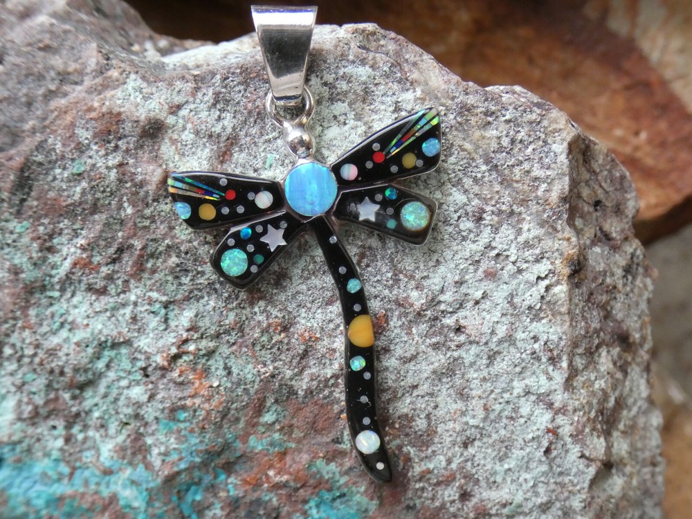 Dragonfly Moon Stars Night Sky Micro Inlay Gemstone Sterling Silver Pendant AI70