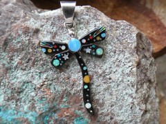 Dragonfly Moon Stars Night Sky Micro Inlay Gemstone Sterling Silver Pendant AI70