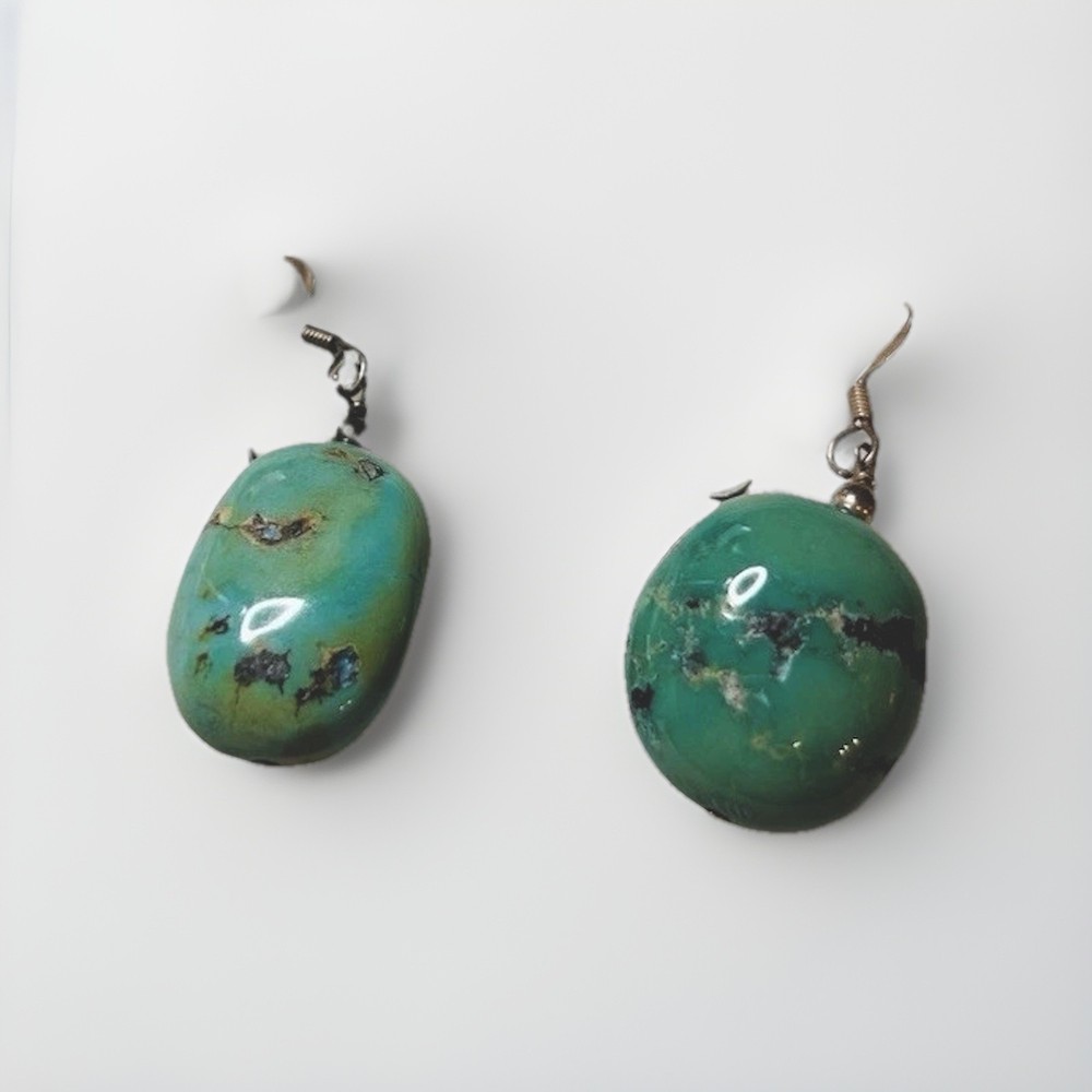 Handcrafted Turquoise Stone Dangle Earrings Green Blue Oval Bohemian Nature
