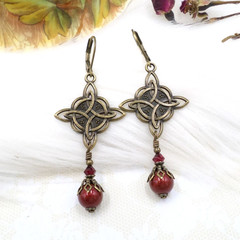 Red Pearl Bronze Celtic Knot Rustic Earrings, Viking cosplay Handmade Jewelry
