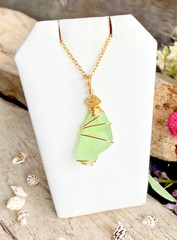 Woman’s Seafoam Sea Glass Necklace, 18K Gold Plated, Wire Wrapped, Jewelry Gift