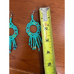 Handmade Beaded Mexican Huichol earrings turquoise seed beads crystal accents