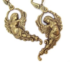 Winged Goddess Earrings Art Nouveau Antique Brass Wedding Birthday Gift