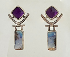 Opal Amethyst post earrings in sterling silver Bezel set signed Debbie Noiseau