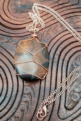 Copper Wire Wrap Tigers Eye Pendant. Handmade, Oval 2.25″