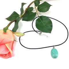 Turquoise Oval Pendant 17″ Necklace Handmade Gemstone Jewelry Black Leather