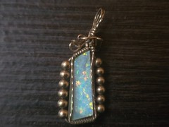 Artisan Gold Tone Wire Wrapped Blue Opal Look Pendant Southwestern Style