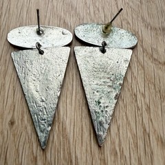Handmade Sterling Silver Textured Triangle Oval Stud Dangle Earrings Artisan