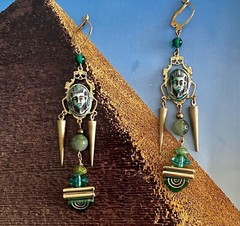 Handcrafted Egyptian Revival Earrings, Pharaoh, Tut, Czech Glass, Green, Gold