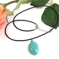 Turquoise Oval Pendant 17″ Necklace Handmade Gemstone Jewelry Black Leather