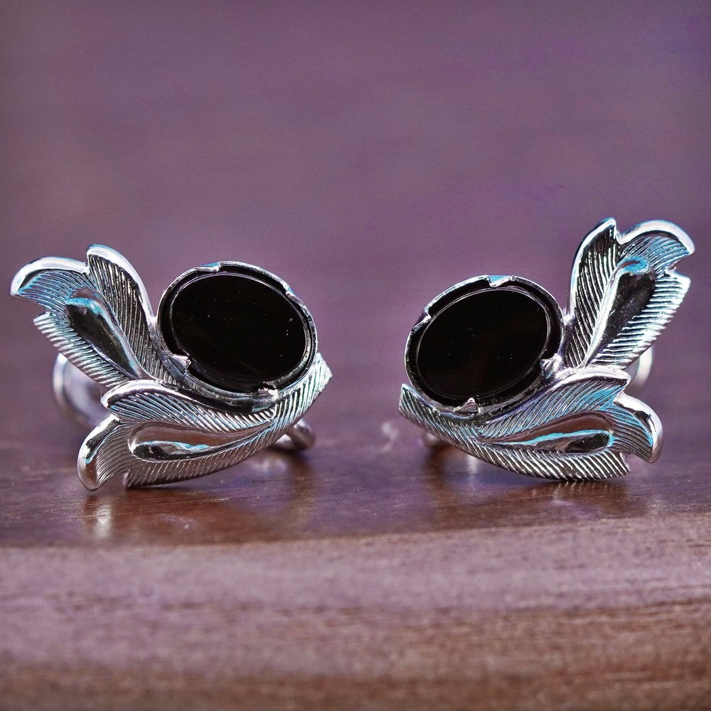 Vintage Sterling 925 silver screw back leafy earrings with onyx