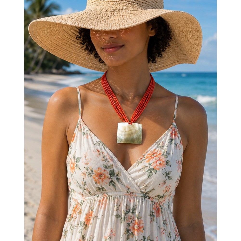 Glass Beaded Boho style Casual Necklace with Genuine Shell Pendant 16-18 inch